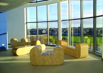 RACH: sculptural seating, kerto plywood, 2350x740x510mm / 1390x740x510mm, photo by mike davidson, royal aberdeen children’s hospital